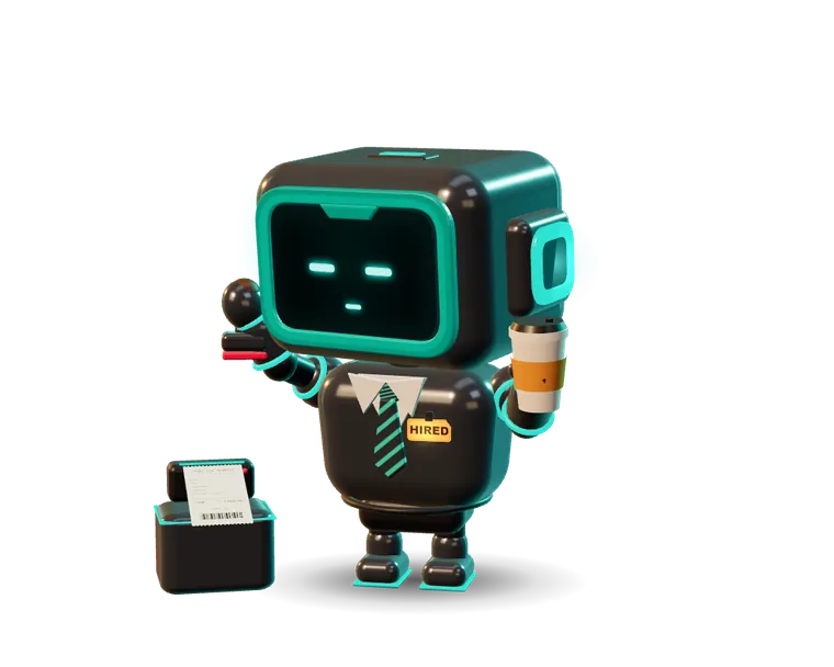 Jarvis stamping a receipt DONE, a coffee cup in its other hand