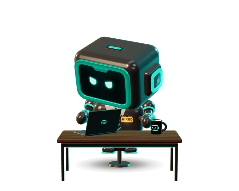 Jarvis, our robot, at its desk with a laptop and the robot mug, waving hello