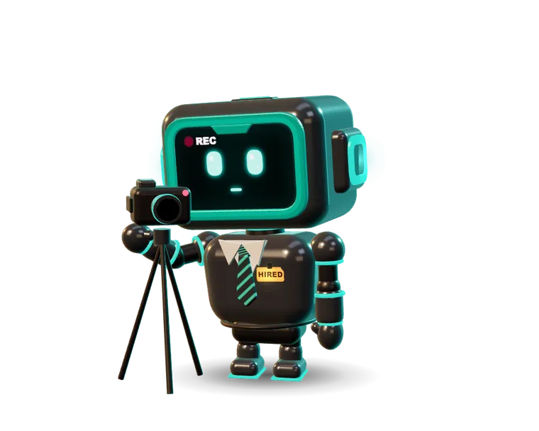 Jarvis behind a camera on a tripod, a red REC dot on its face