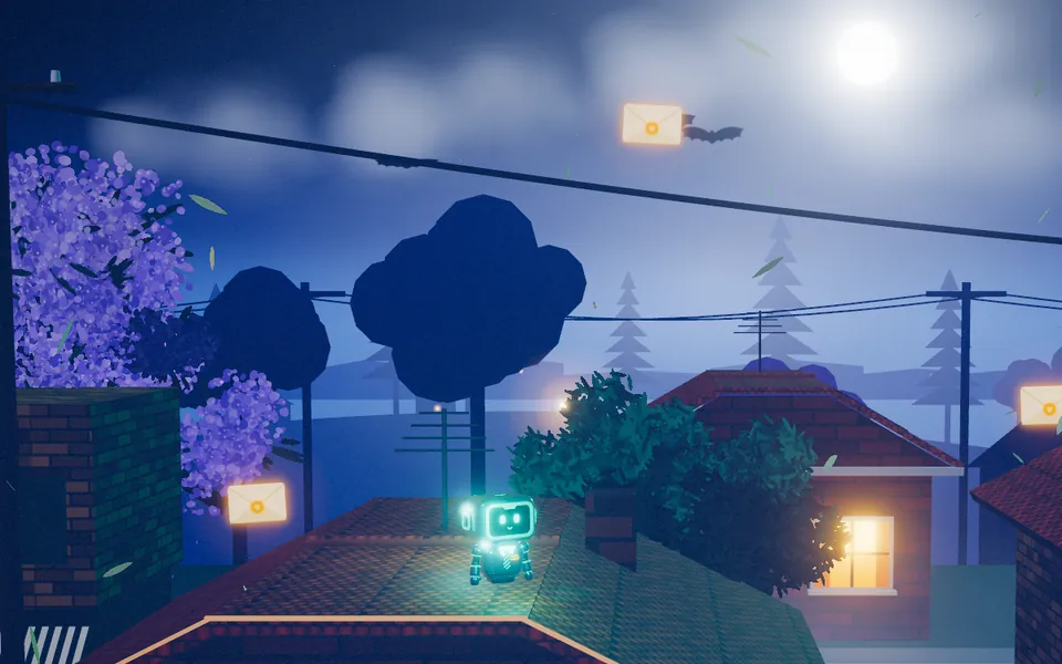 Jarvis, our robot, on a moonlit Sydney rooftop, with glowing enquiry envelopes floating over the street