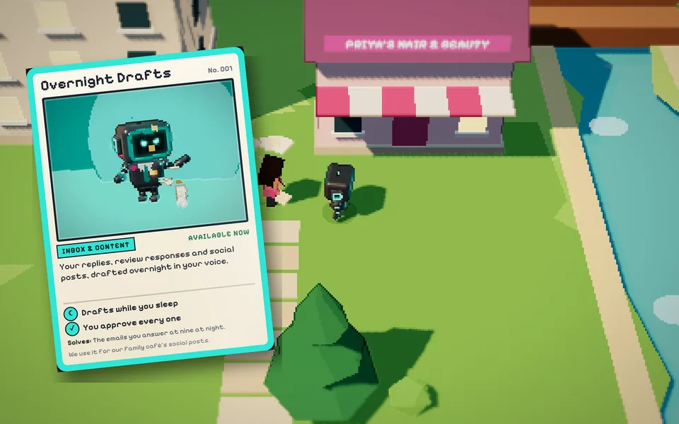 Jarvis, our robot, meeting a salon owner in a pixel-art city, next to the Overnight Drafts solution card she unlocks