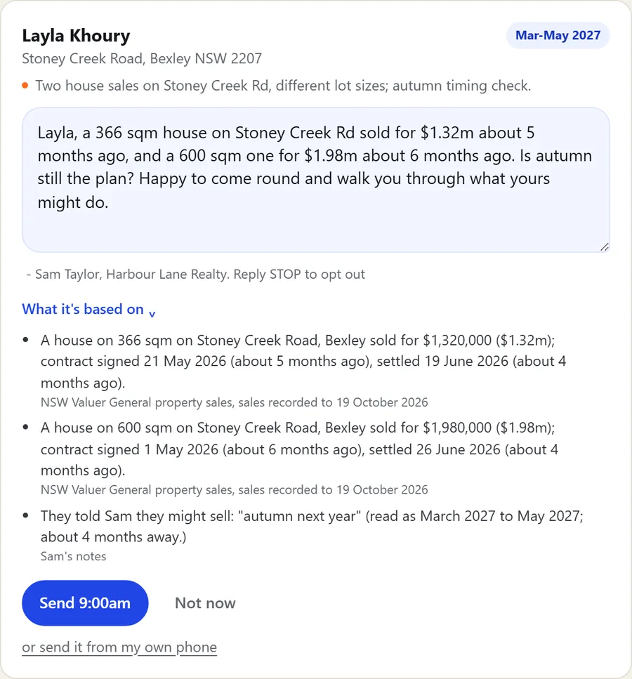 A drafted note to a past client, citing two sales on her street from the NSW Valuer General record, with Send and Not now buttons