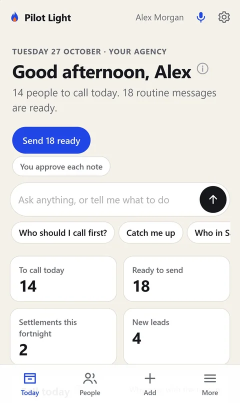 Pilot Light mobile Today screen: 3 priority calls with reasons and 25 personal notes ready to approve